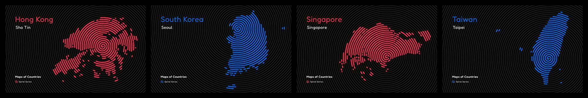 kreativ uppsättning av fyra asiatisk tigrar, söder korea, hong kong, singapore, taiwan. huvudstad. tiger Valp ekonomier. värld länder vektor Kartor. spiral fingeravtryck serier
