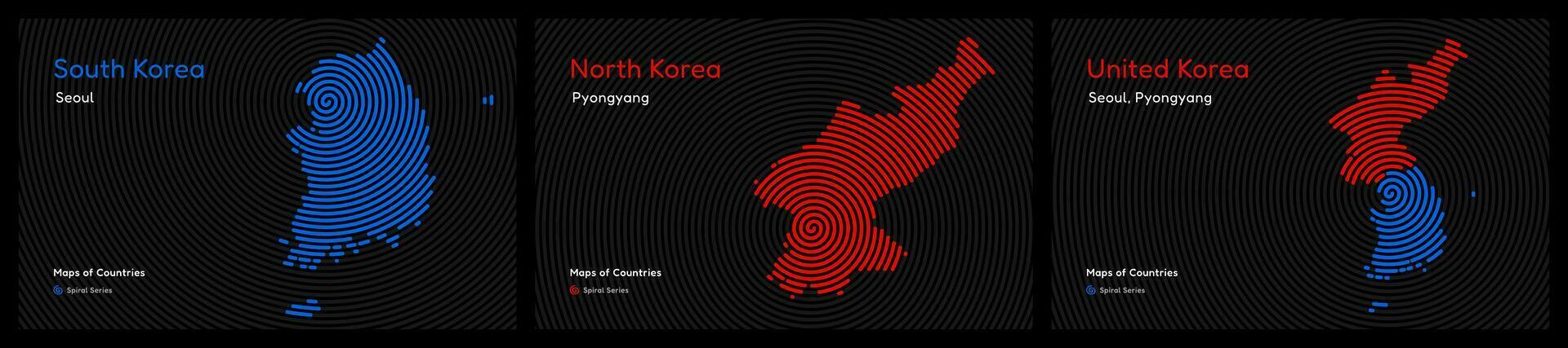 kreativ Karten von Süd und Norden Korea. politisch Karte. Seoul, Pjöngjang. vereinigt Korea Satz. Welt Länder Vektor Karten. Spiral- Fingerabdruck Serie