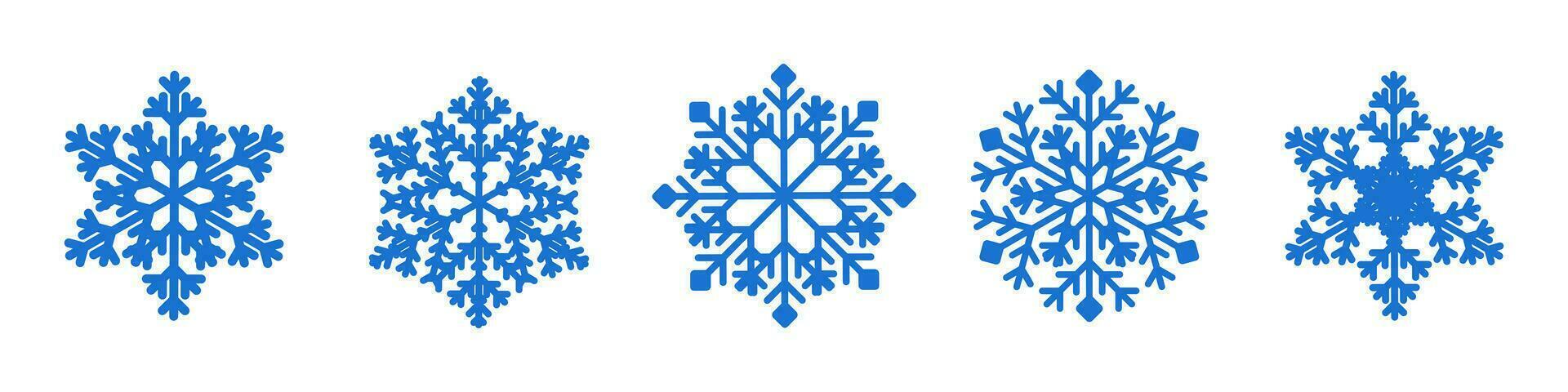blå snöflinga samling på vit bakgrund. snö flingor silhuett. ny år uppsättning snöflingor för jul baner, kort, dekor vektor