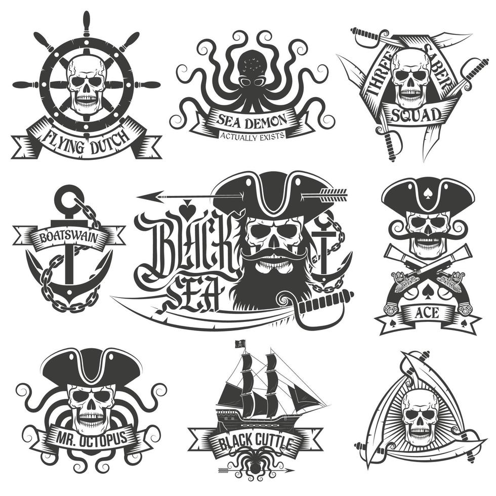 pirat tatuering set. unika piratlogotyper vektor