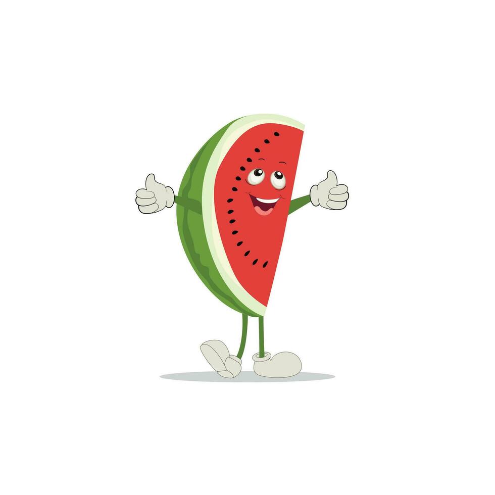 vattenmelon skiva karaktär med rolig ansikte. Lycklig söt tecknad serie vattenmelon emoji uppsättning. friska vegetarian mat karaktär vektor illustration