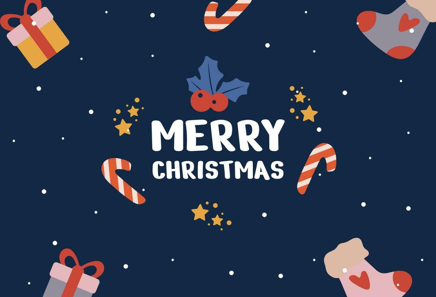 glücklich Neu Jahr und fröhlich Weihnachten Urlaub Karte. Postkarte Vorlagen mit Geschenke, Socken, Weihnachten Stöcke auf ein dunkel Hintergrund. vektor