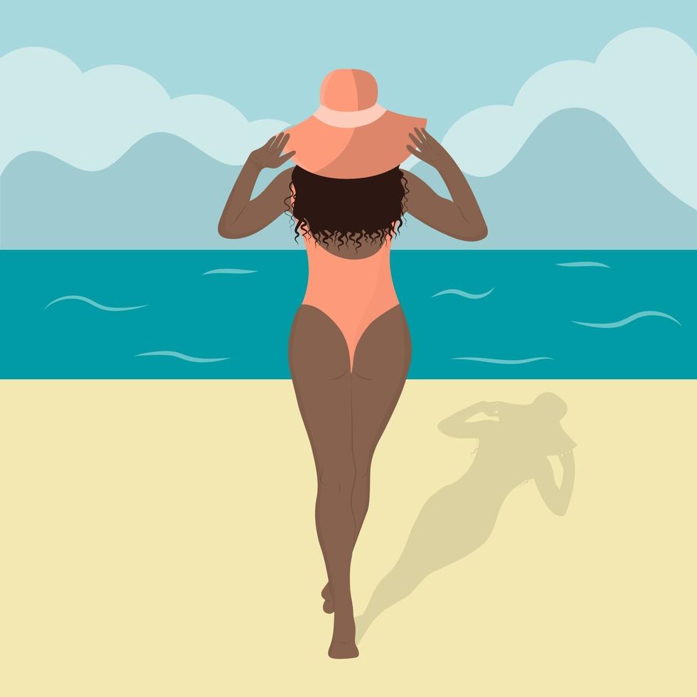 svart afroamerikansk kvinna i en baddräkt på stranden. vektor