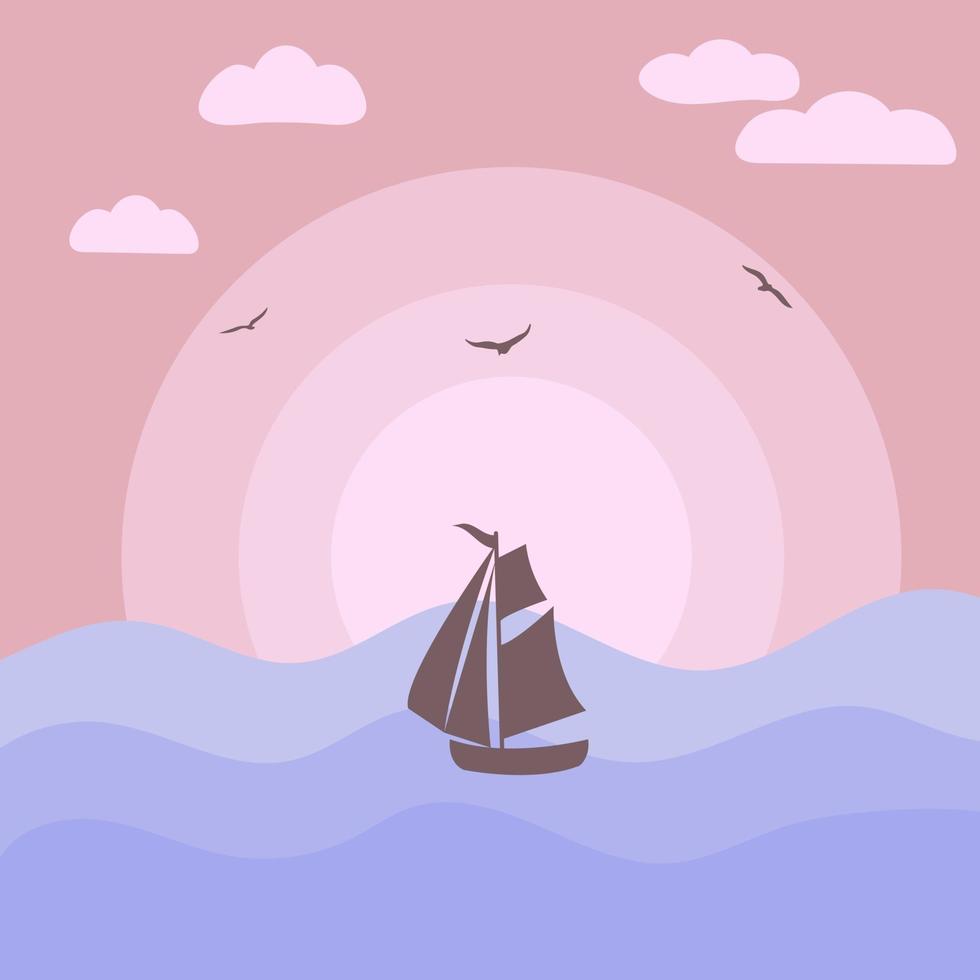 havet solnedgång med båt silhuett vektor