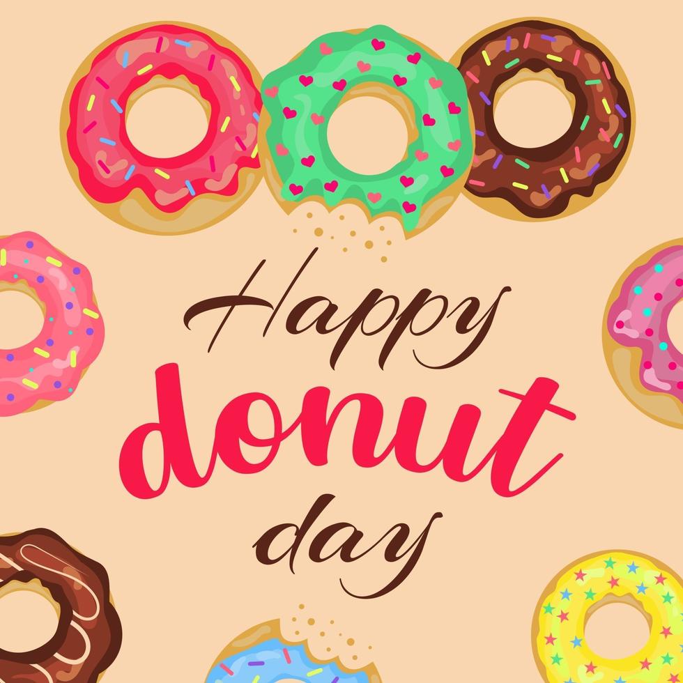 Happy Donut-Tageskarte mit Schriftzug und Donuts. vektor