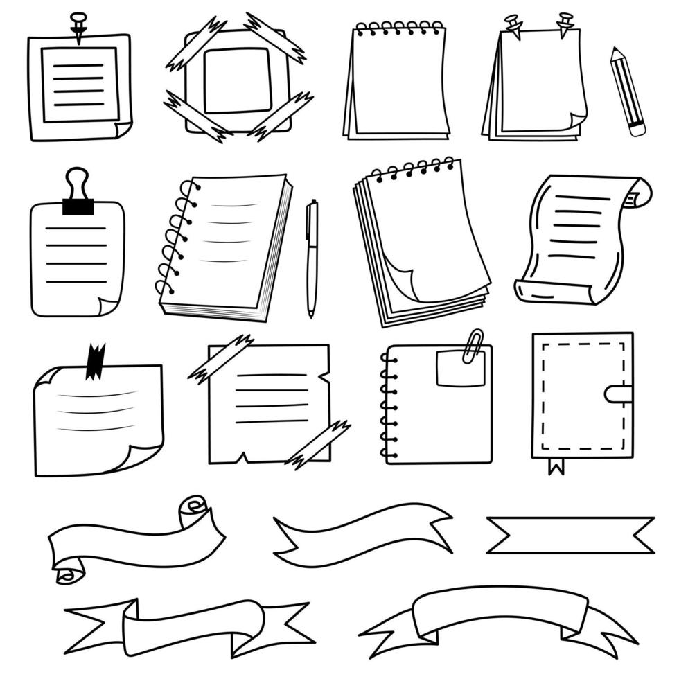 Notizen, Notizbücher, Bänder im Doodle-Stil. vektor