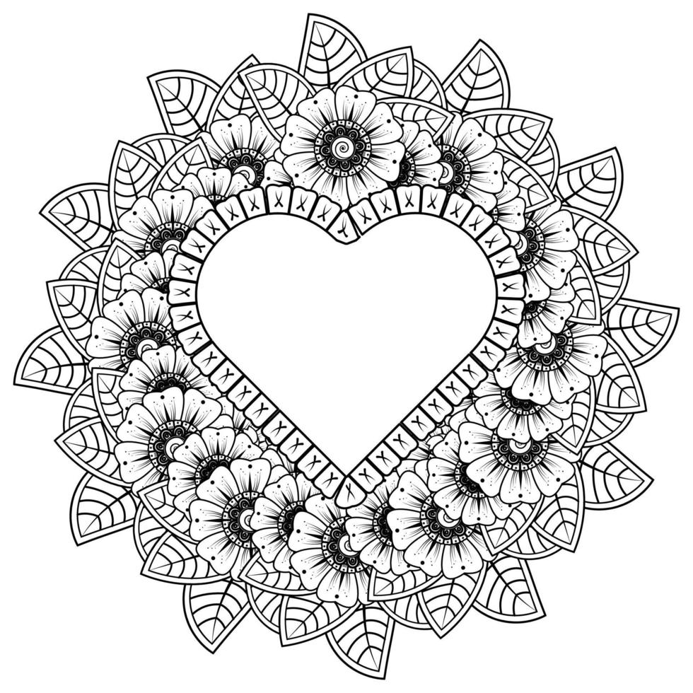 Mehndi-Blume mit Rahmen in Herzform. vektor