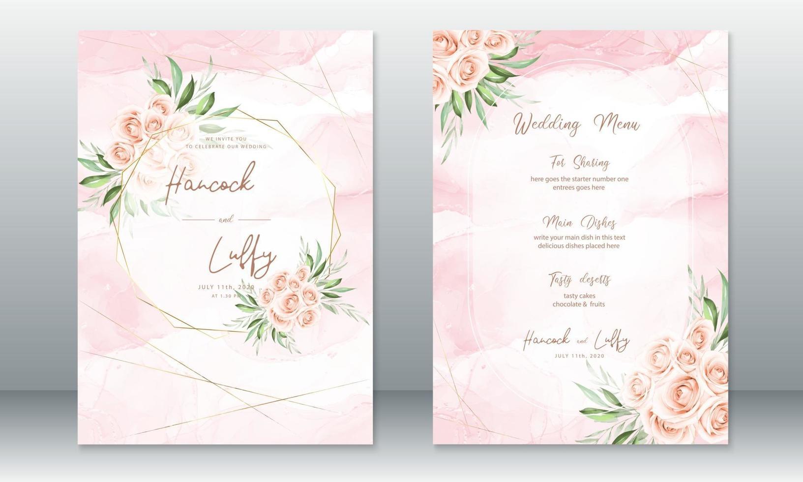 bröllopsinbjudningskort med gyllene ram och rosbukett vektor