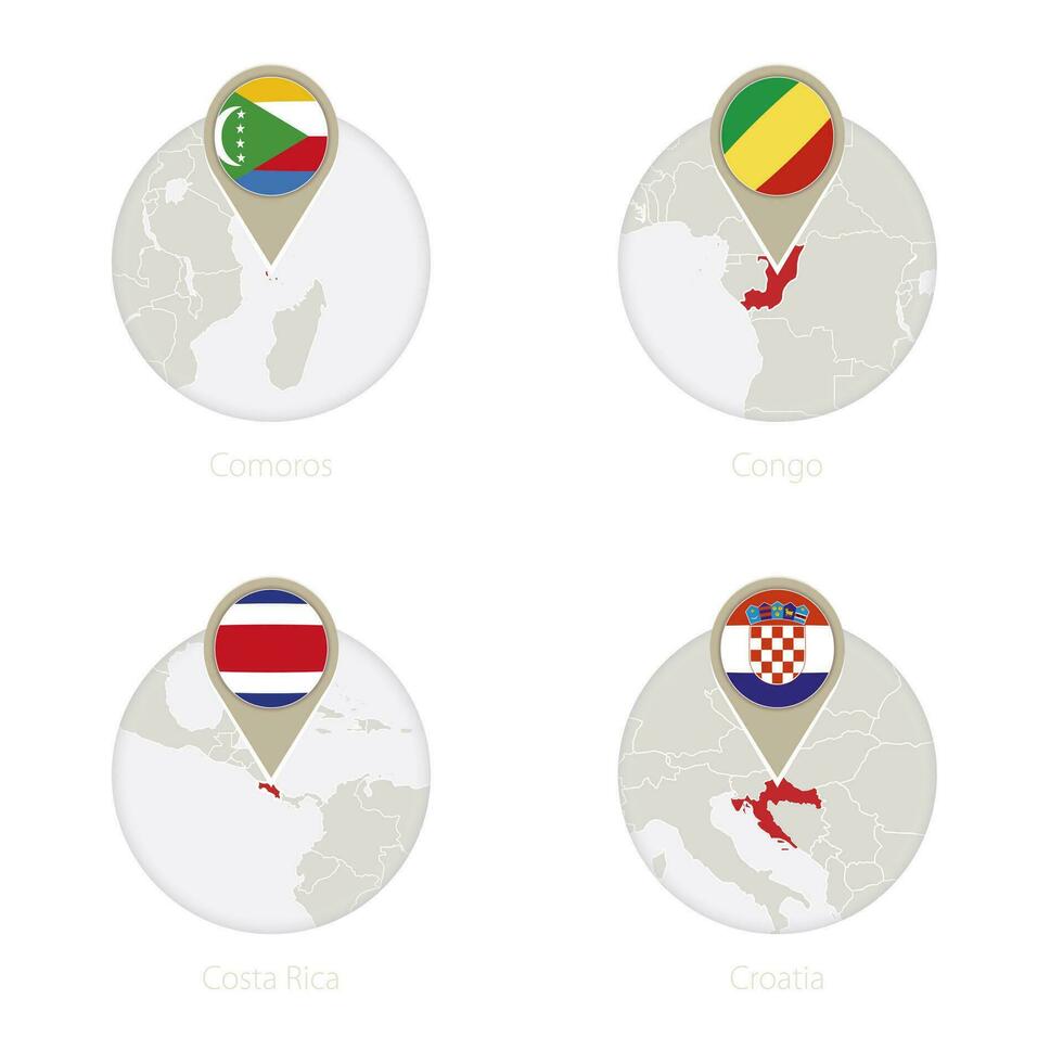Komorerna, Kongo, costa rica, kroatien Karta och flagga i cirkel. vektor