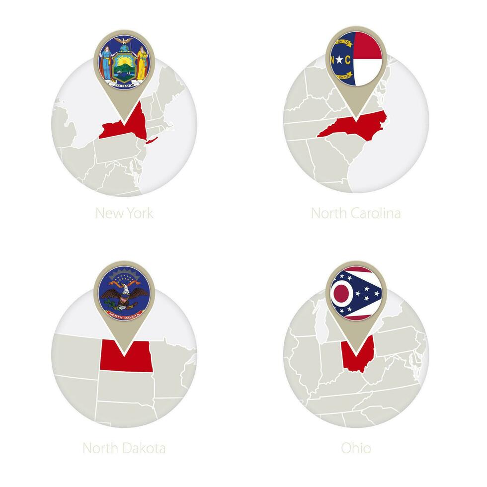 uns Zustände Neu York, Norden Carolina, Norden Dakota, Ohio Karte und Flagge im Kreis. vektor