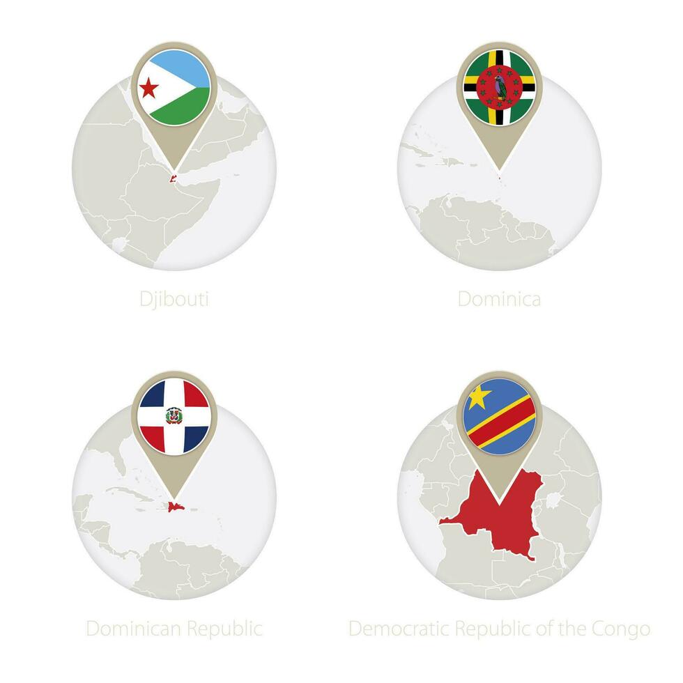 djibouti, dominica, Dominikanska republik, demokratisk republik av de kongo Karta och flagga i cirkel. vektor