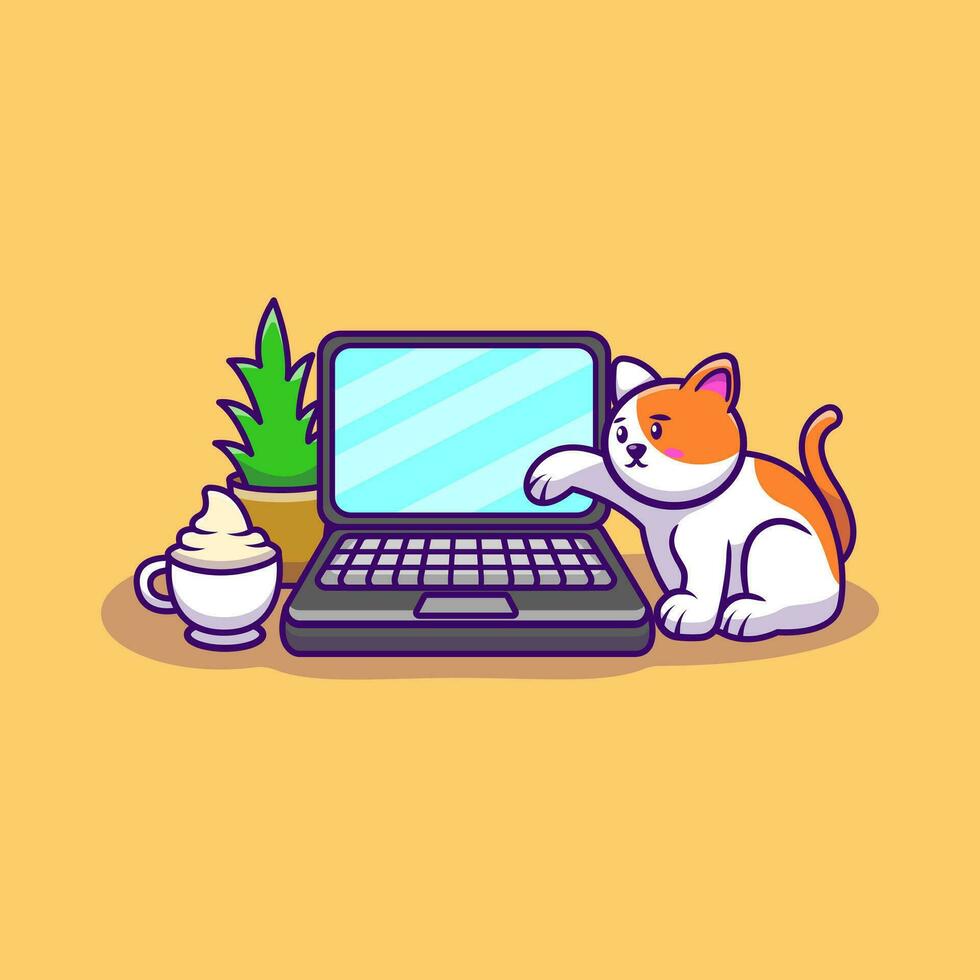 bärbar dator uppstart och katt tecknad serie vektor illustration. platt tecknad serie begrepp.