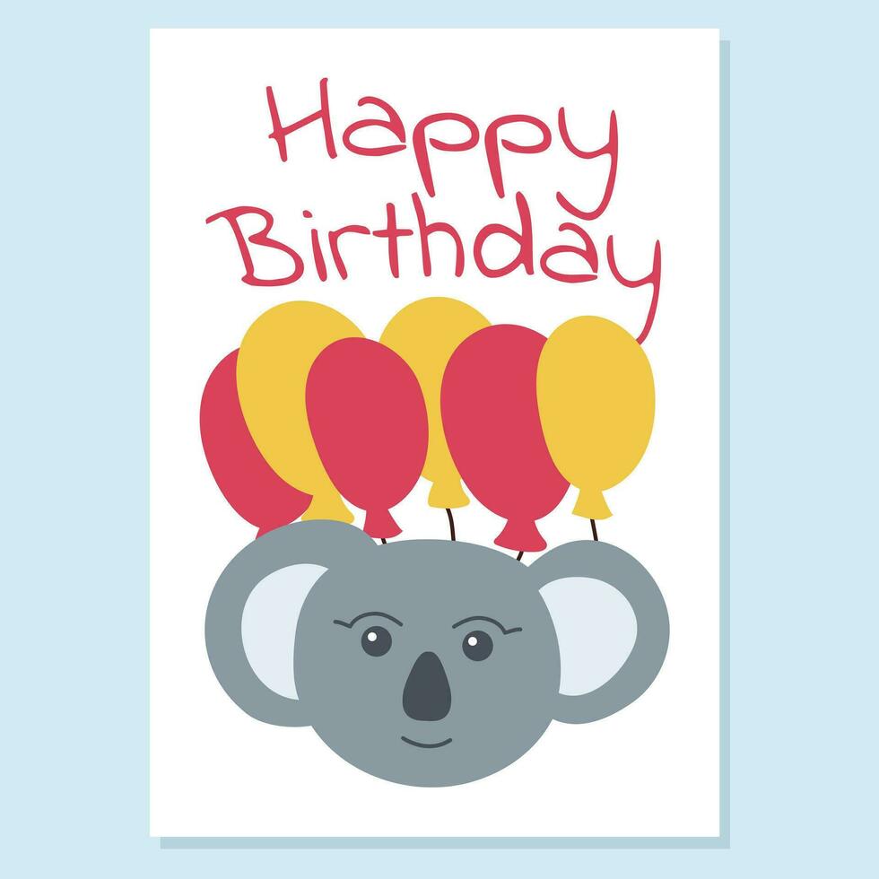 Illustration mit Koala und Bälle. Geburtstag Gruß Karte. Gekritzel Stil. glücklich Geburtstag Text. Vektor Illustration