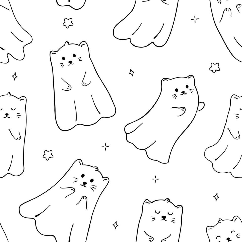 Halloween nahtlos Muster mit süß Geist Katzen. Halloween Illustration. Hintergrund zum Verpackung Papier, Gruß Karten und saisonal Entwürfe. vektor