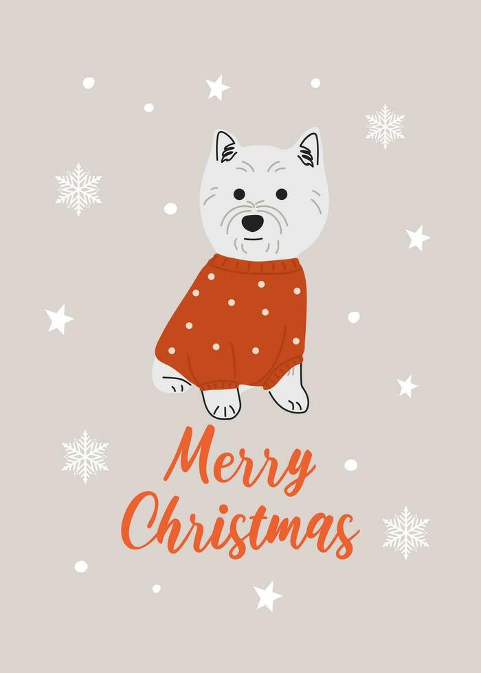 jul väst högland vit terrier i hand dragen stil. hälsning text glad jul. skön illustration för hälsning kort, posters och säsong- design. vektor