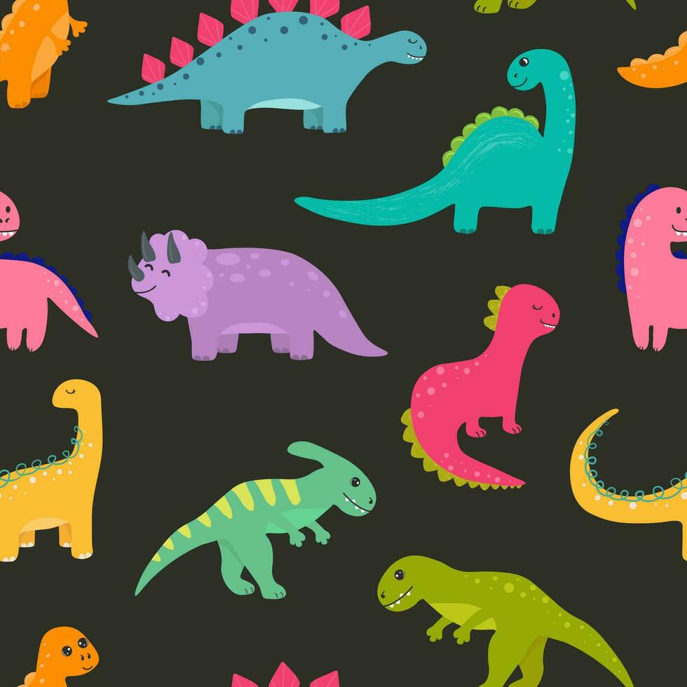 vektor sömlös barnslig mönster med färgrik dinosaurier. bebis bakgrund för barnkammare, omslag papper, tyg, textil. rolig liten dinosaurie.