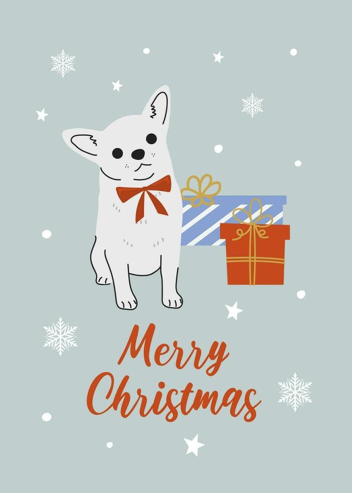 jul chihuahua i hand dragen stil. hälsning text glad jul. skön illustration för hälsning kort, posters och säsong- design. vektor