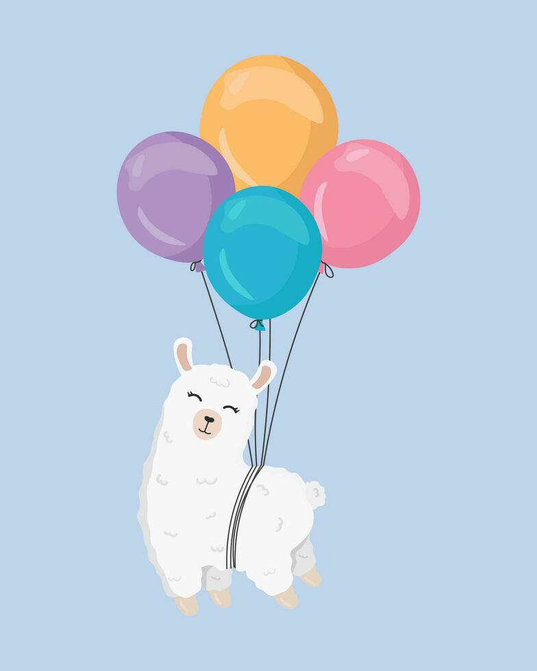 süß Alpaka auf das Luftballons. großartig zum Kindergarten Design, Poster, Geburtstag Gruß Karte. glücklich Geburtstag. eben Vektor Karikatur Illustration.