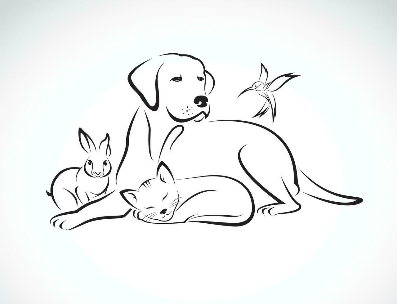 vektor grupp av husdjur - hund, katt, fågel, kanin, isolerat på vit bakgrund
