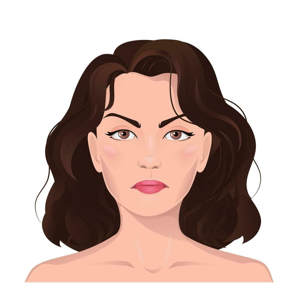 Gesicht Porträt von Frauen mit braun Haar. Gesichts- Ausdruck mit Geste isoliert Vektor Illustration. Benutzerbild zum ein Sozial Netzwerk. Vektor eben Illustration, Netz, Design, Schönheit und machen hoch.