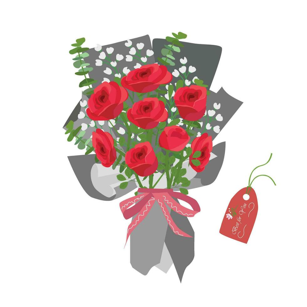 Strauß von Rose. Rose Strauß Vektor Illustration. Liebe Blume. Blumen- Strauß eingewickelt im Geschenk Papier. Geschenk zum Besondere Tag, mögen Geburtstag, Valentinstag Tag, Damen Tag, Muttertag