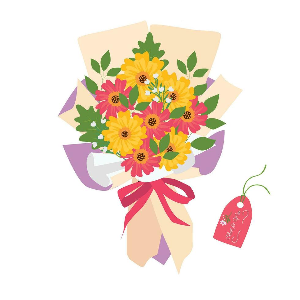 Strauß von Blume. wild Blume Strauß Vektor Illustration. Sommer- Blume. Blumen- Strauß eingewickelt im Geschenk Papier. Geschenk zum Besondere Tag, Feier Tag mögen Geburtstag, Lehrer Tag, Frauen Tag.