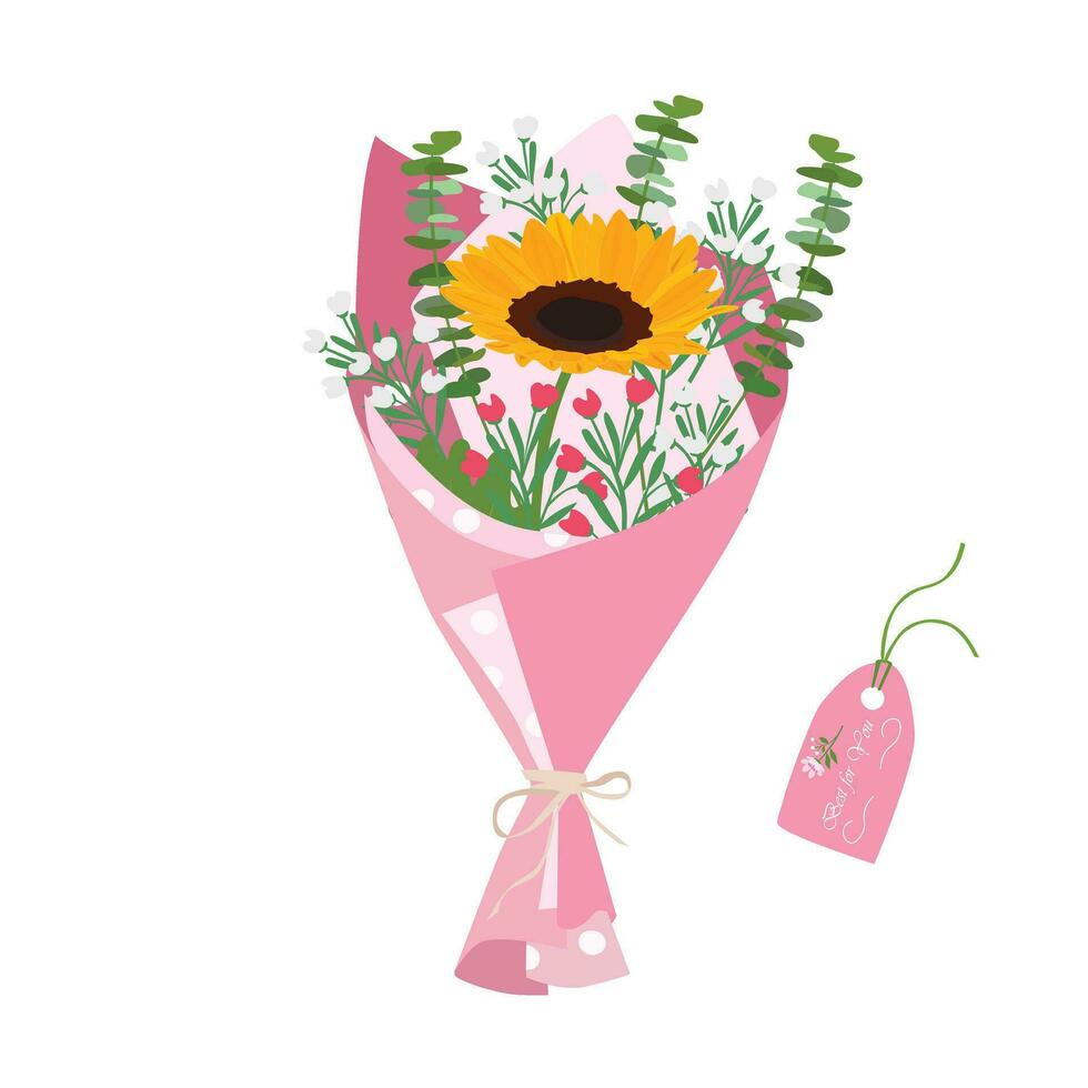 Strauß von Sonnenblume. Sonnenblume Strauß Vektor Illustration. Sommer- Blume. Blumen- Strauß eingewickelt im Geschenk Papier. Geschenk zum Besondere Tag, Feier Tag mögen Geburtstag, Lehrer Tag, Frauen Tag.