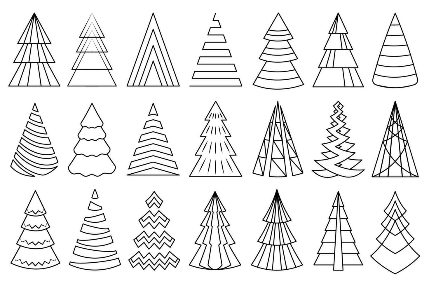 Linie Kunst Weihnachten Baum Satz. Sammlung von dekorativ Tannen, Gliederung stilisiert abstrakt Weihnachten Bäume, geometrisch Design. vektor
