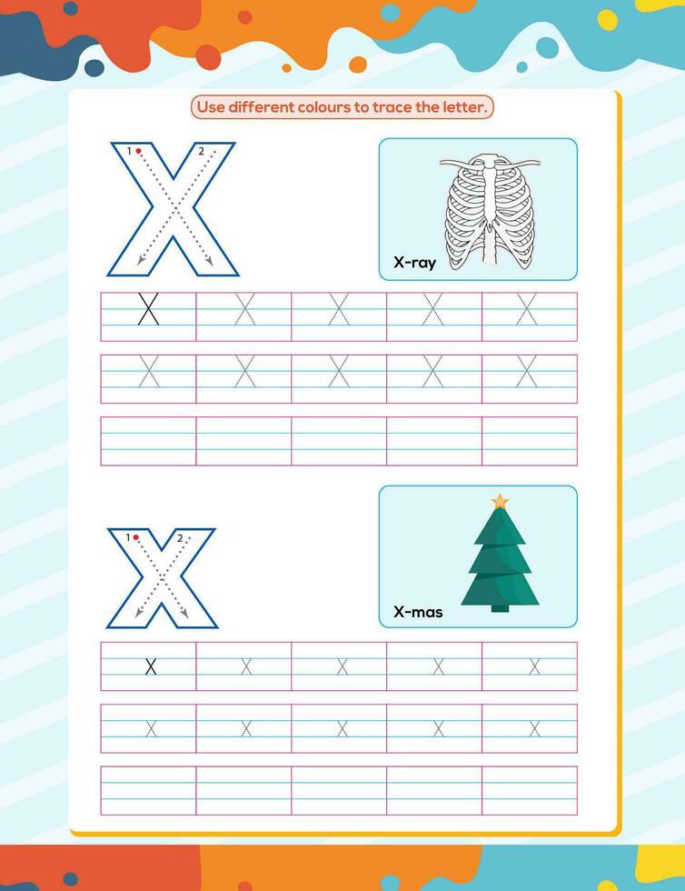 x Alphabet Rückverfolgung trainieren Arbeitsblatt. lehrreich Färbung Buch Seite mit Gliederung Vektor Illustration zum Vorschule