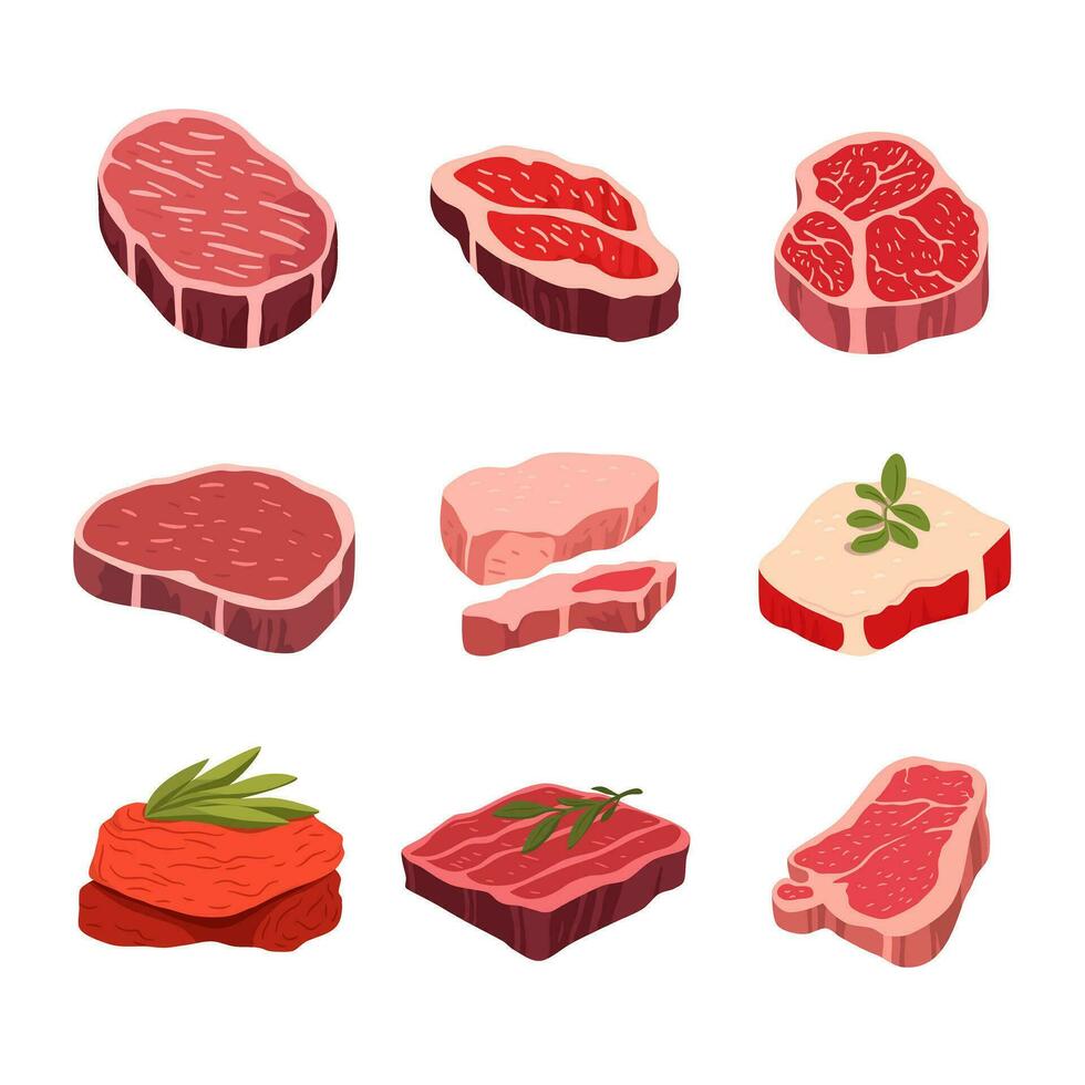 Sammlung einstellen von frisch Fleisch Produkte Schweinefleisch Fleisch Speck Steak zum Grill oder Grill. Karikatur Vektor Illustration.