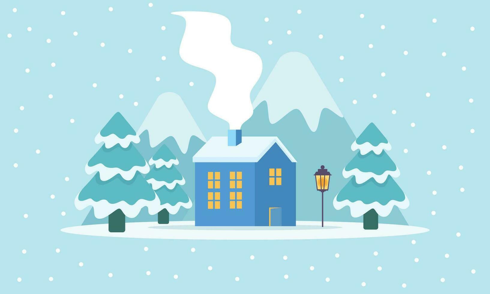 söt vinter- landskap. vinter- baner. härlig hus i en snöig dal. horisontell landskap. vinter- stuga illustration vektor