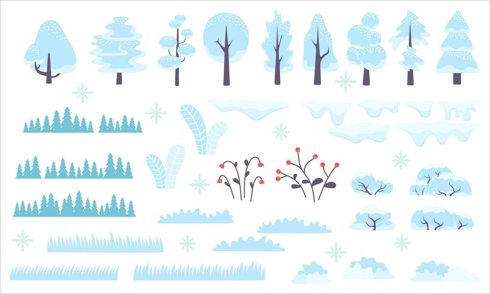 vinter- skog landskap, snöig träd och buskar. skön vild natur i snö, december frysning väder. platt vektor illustration
