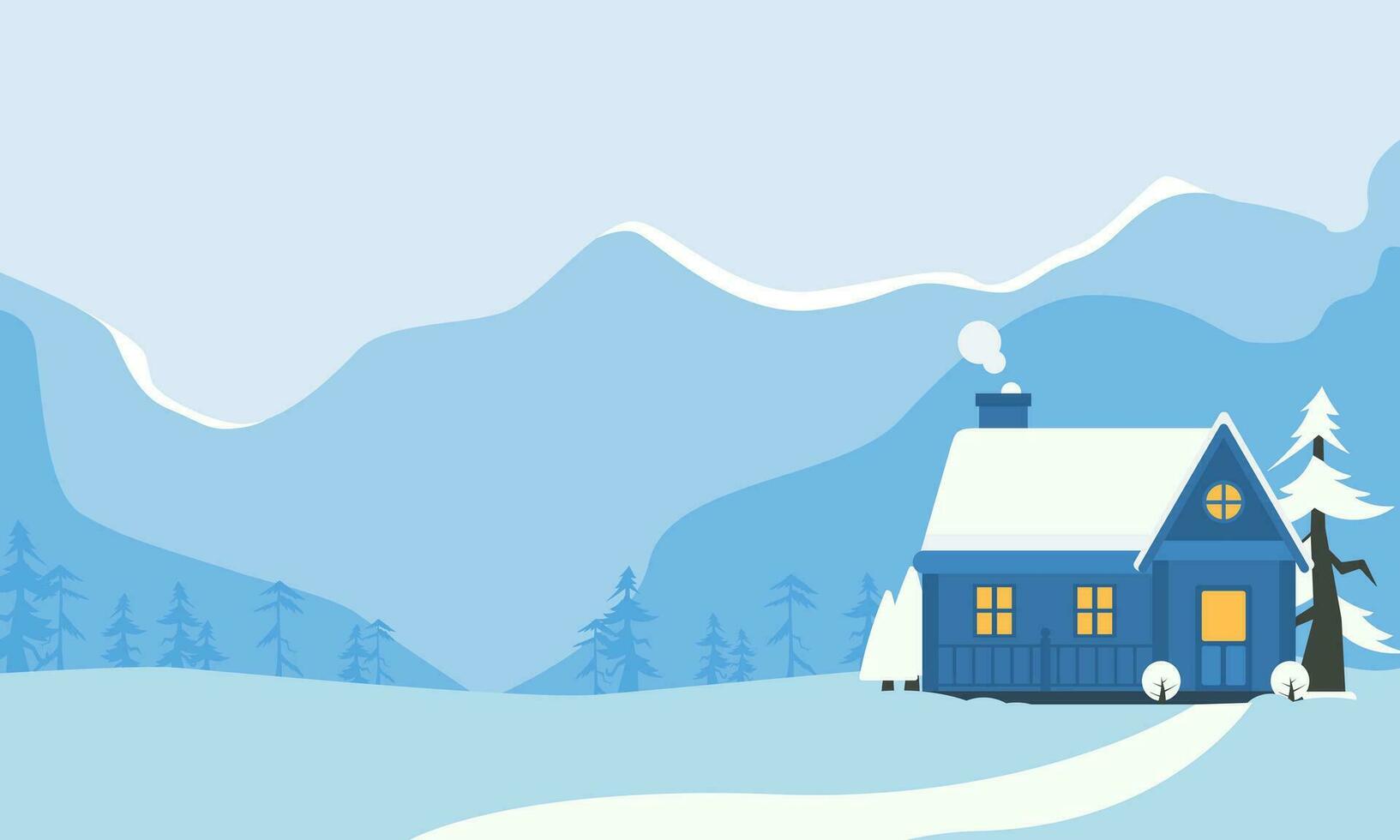 söt vinter- landskap. vinter- baner. härlig hus i en snöig dal. horisontell landskap. vinter- stuga illustration vektor