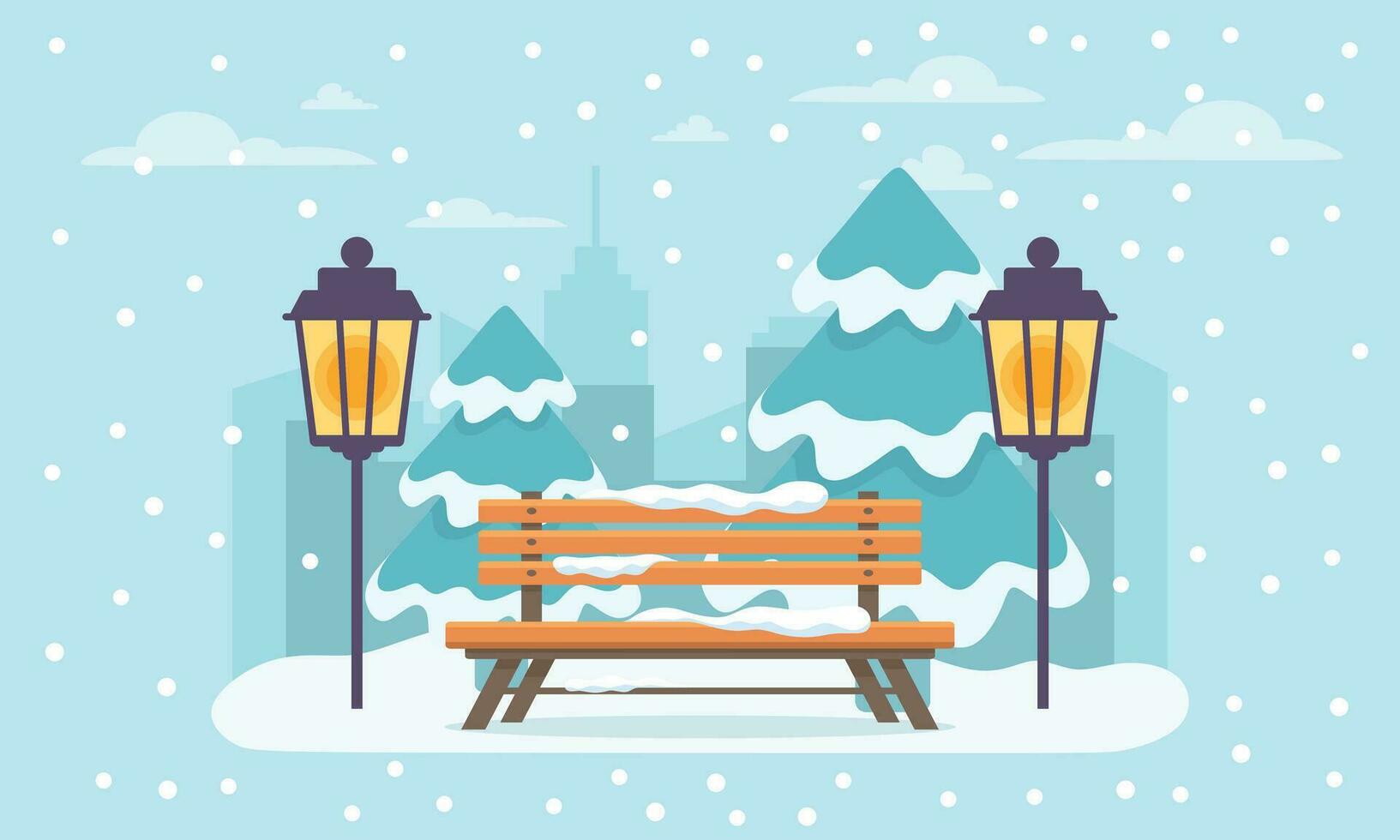 Winter Stadt Park mit Schnee und Stadt Silhouette. Bank im Winter Stadt Park, Winter Ferien Konzept im eben Karikatur Stil. Stadt Park Landschaft Banner. städtisch draussen. Vektor Illustration