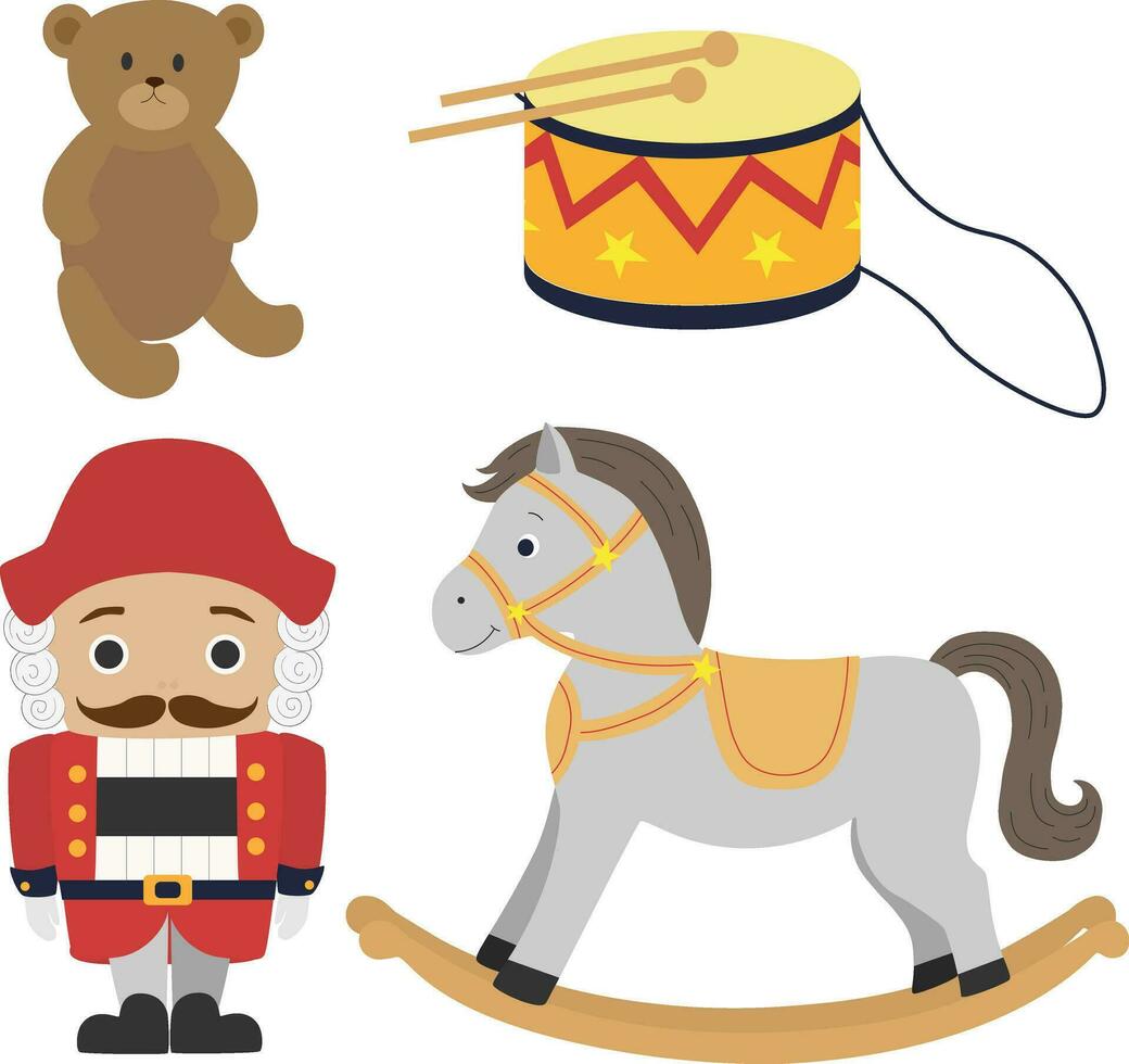 Nussknacker, schaukeln Pferd, Trommel und Teddy Bär Jahrgang Spielzeuge. vektor