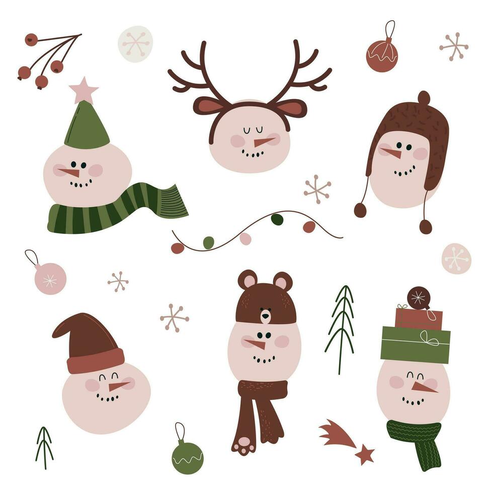 samling av snowmen på en vit bakgrund för jul och ny år. vektor illustration i platt tecknad serie stil