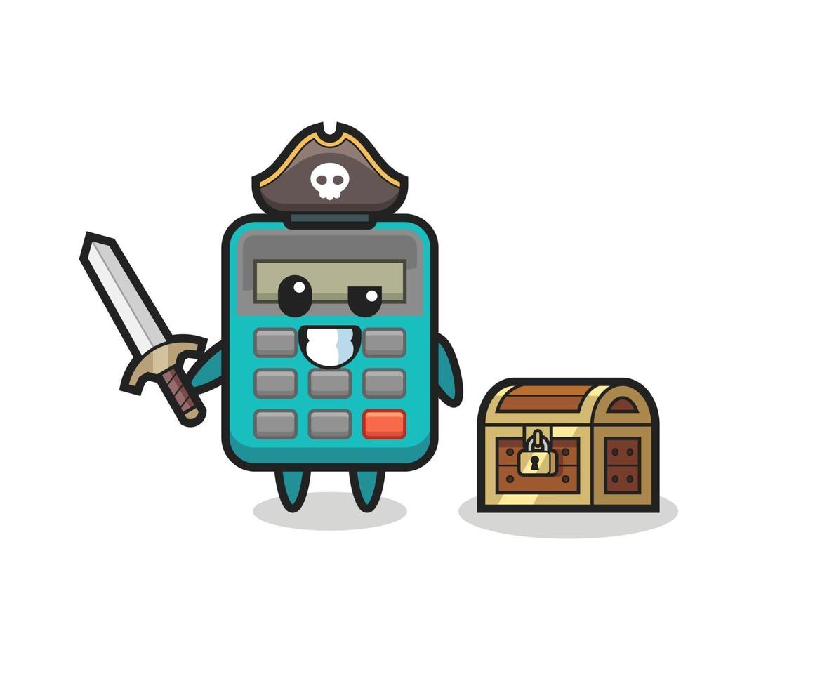 Der Taschenrechner-Piraten-Charakter, der ein Schwert neben einer Schatzkiste hält vektor