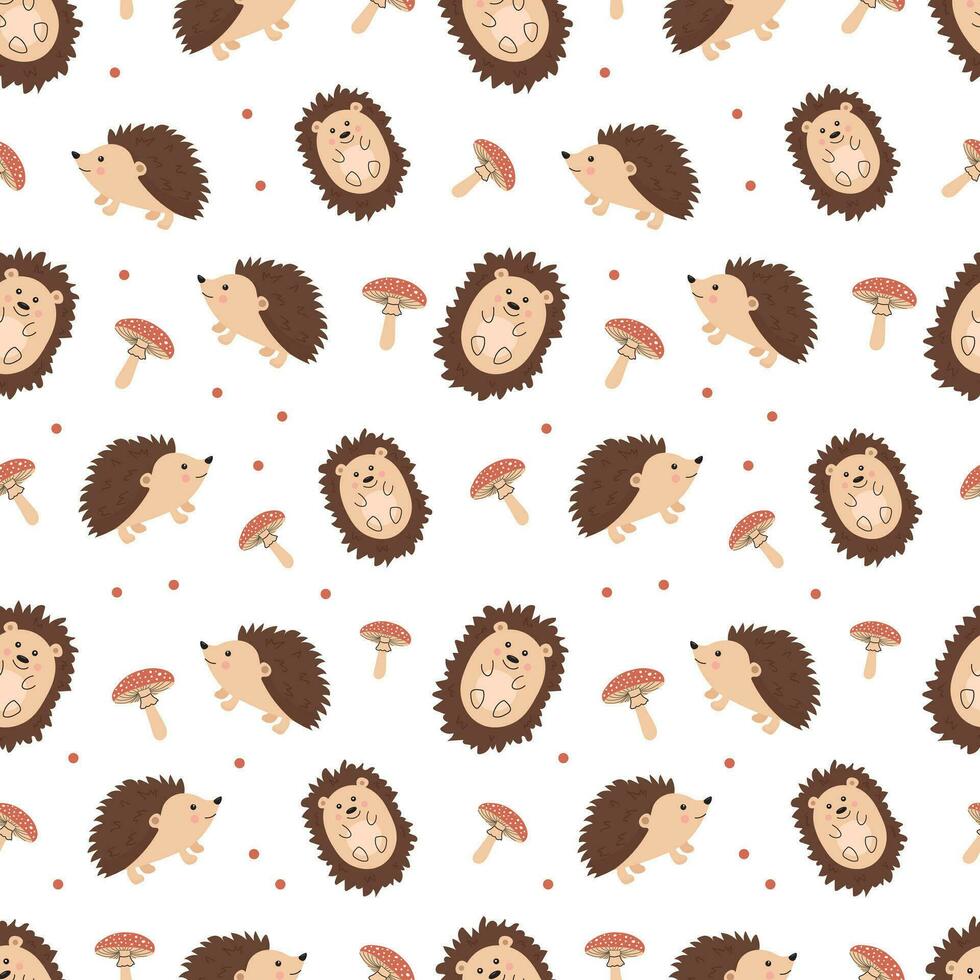 sömlös mönster med söt igelkottar och skog svamp. barns mönster för kläder. söt djur- skriva ut. vektor illustration