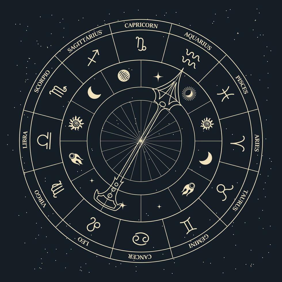 Uhr mit astrologisch Tierkreis Zeichen im ein mystisch esoterisch Kreis auf ein kosmisch Hintergrund. Gold und schwarz Design. Horoskop Illustration, Vektor