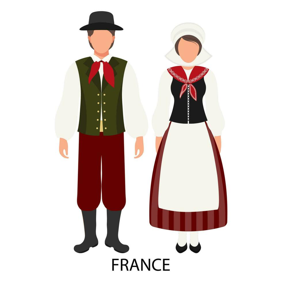 ein Mann und ein Frau im Volk Französisch National Kostüme. Kultur und Traditionen von Frankreich. Illustration, Vektor