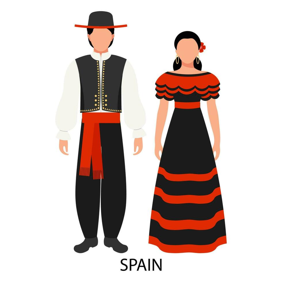 ein Mann und ein Frau im Spanisch Volk Kostüme. Kultur und Traditionen von Spanien. Illustration, Vektor