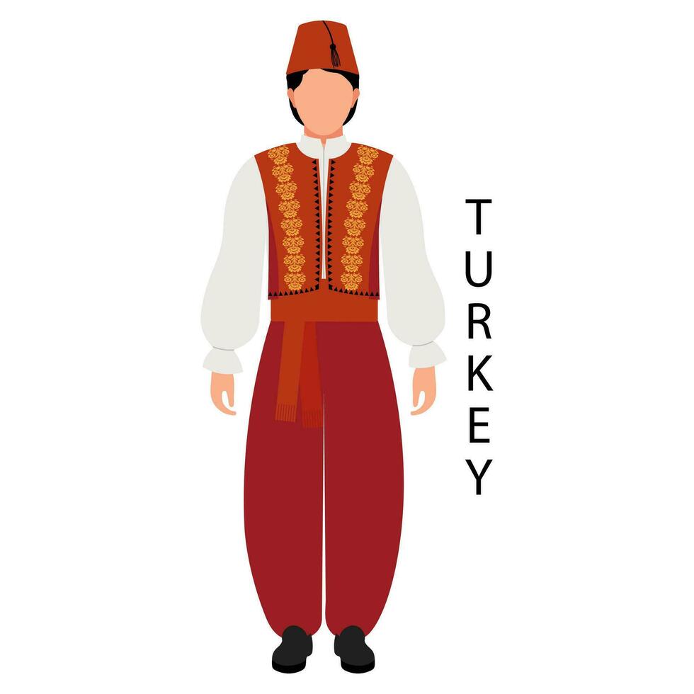 ein Mann im Türkisch Volk Kostüm und Kopfschmuck. Kultur und Traditionen von Truthahn. Illustration, Vektor