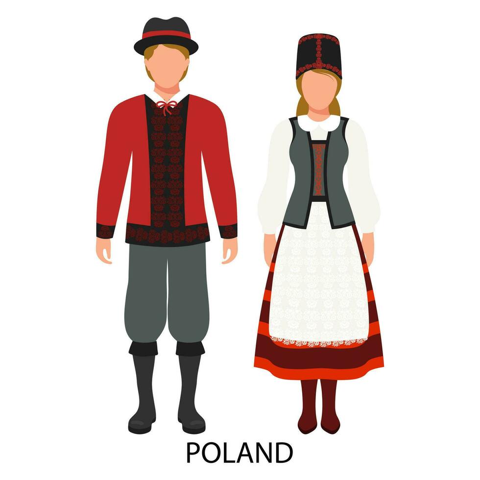 ein Mann und ein Frau im Polieren Volk Kostüme. ein Paar von Stangen. Kultur und Traditionen von Polen. Illustration, Vektor