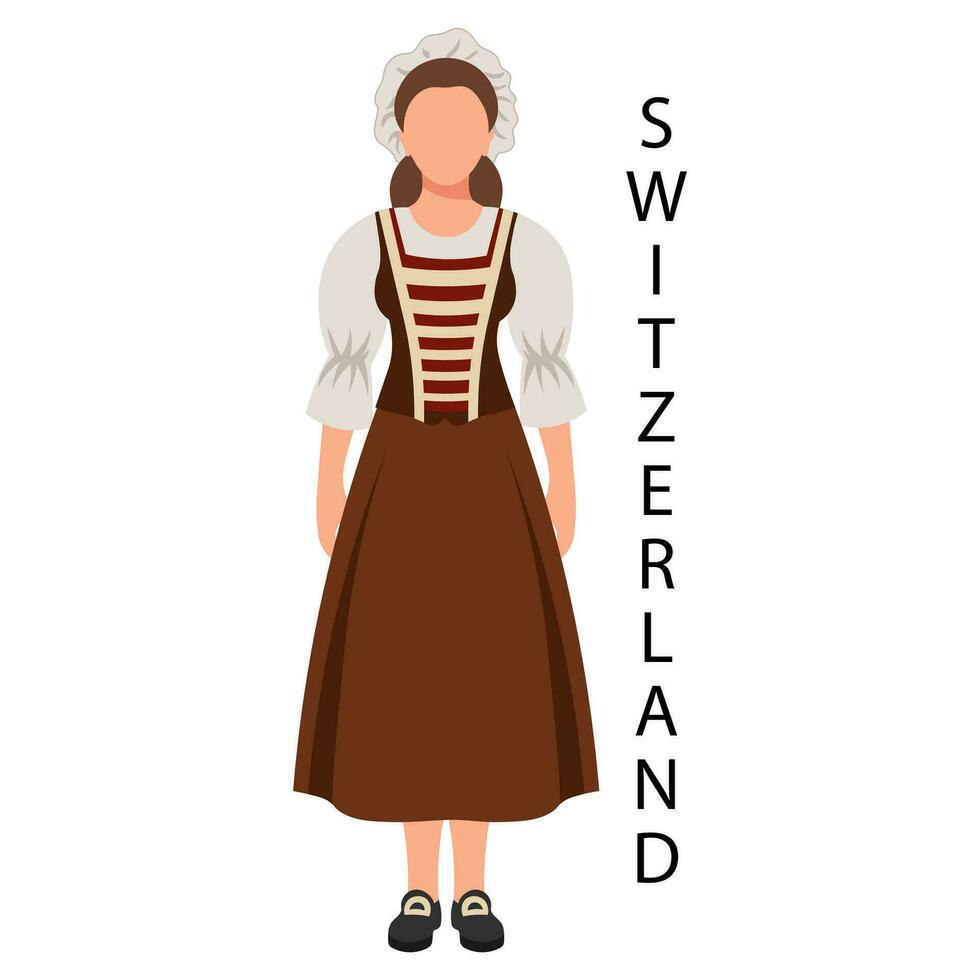 kvinna i swiss folk kostym och huvudbonad. kultur och traditioner av schweiz. illustration, vektor