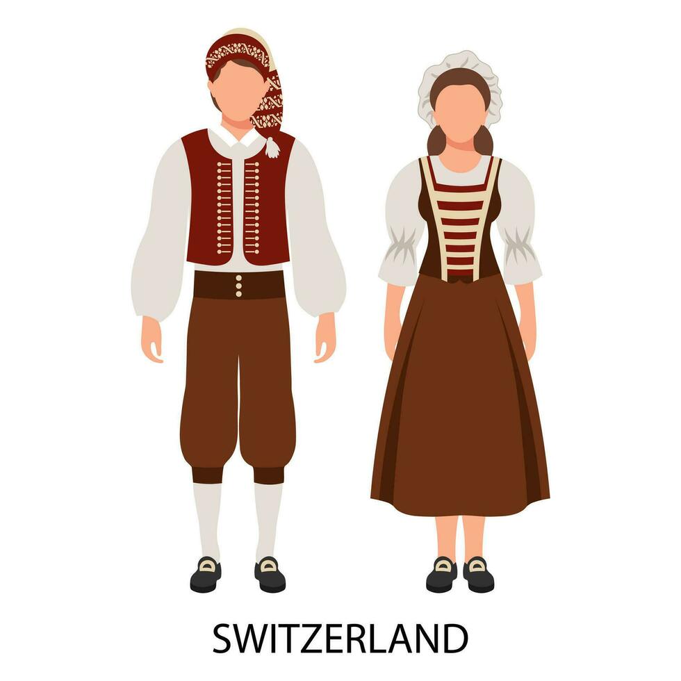 ein Paar von ein Mann und ein Frau im schweizerisch Volk Kostüme. Kultur und Traditionen von Schweiz. Illustration, Vektor