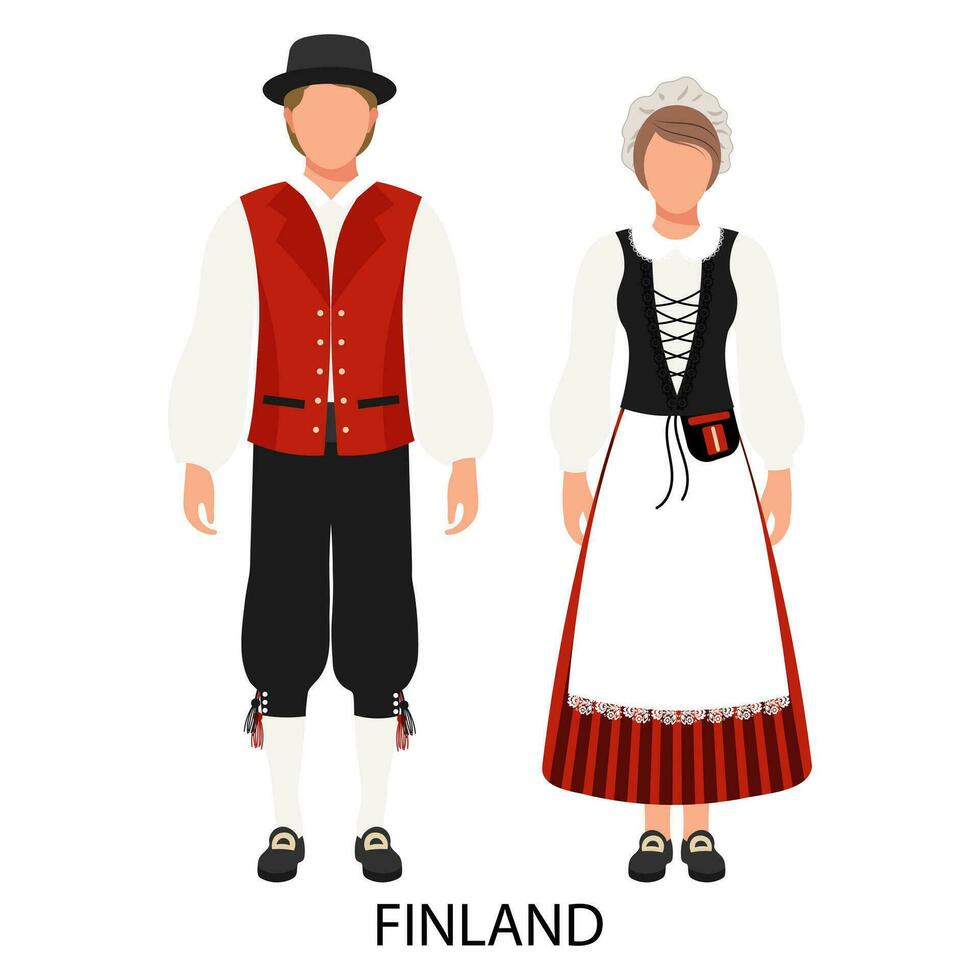 ein Paar von ein Mann und ein Frau im finnisch Volk Kostüme. Kultur und Traditionen von Finnland und Skandinavien. Illustration, Vektor