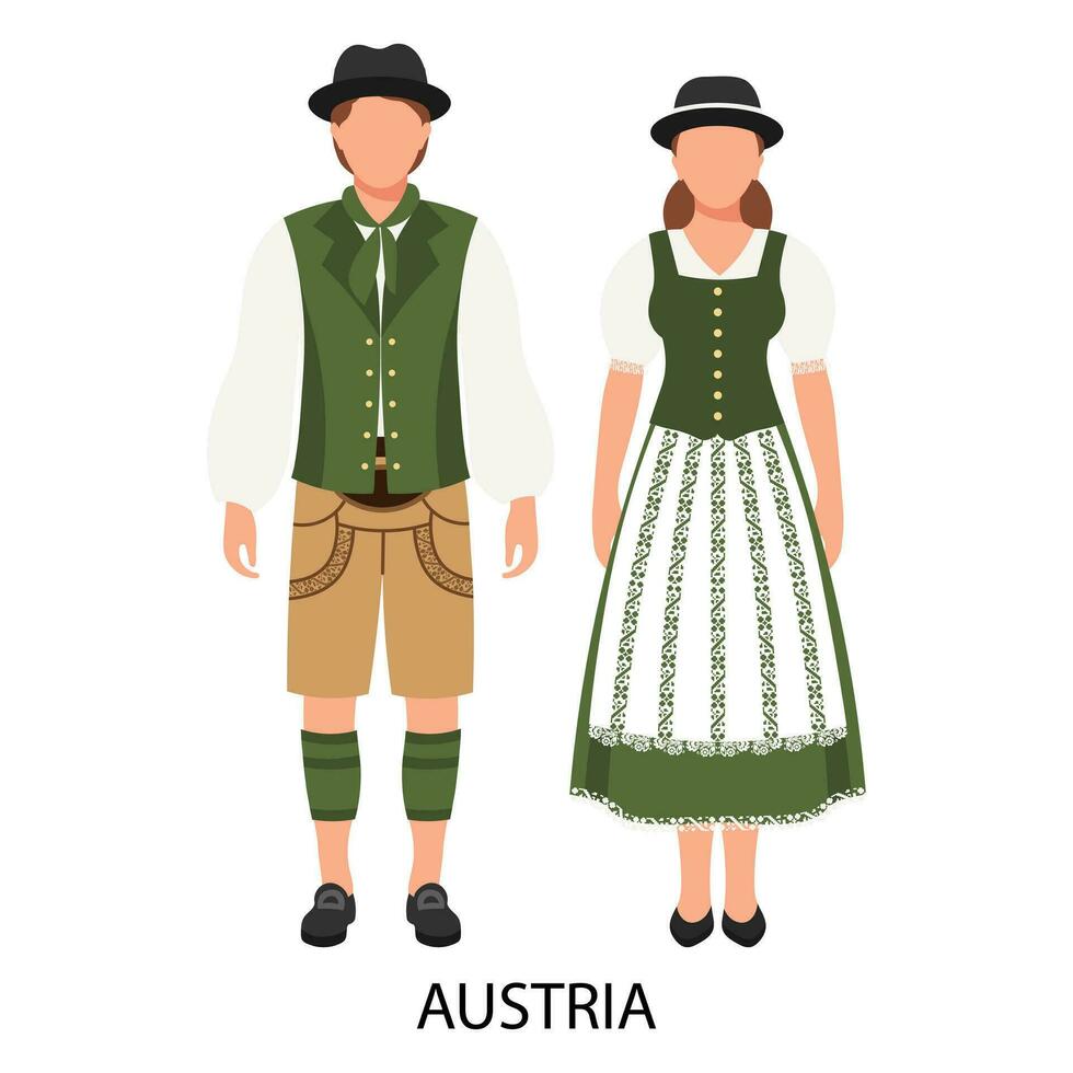 ein Paar von ein Mann und ein Frau im österreichisch Volk Kostüme. Kultur und Traditionen von Österreich. Illustration, Vektor