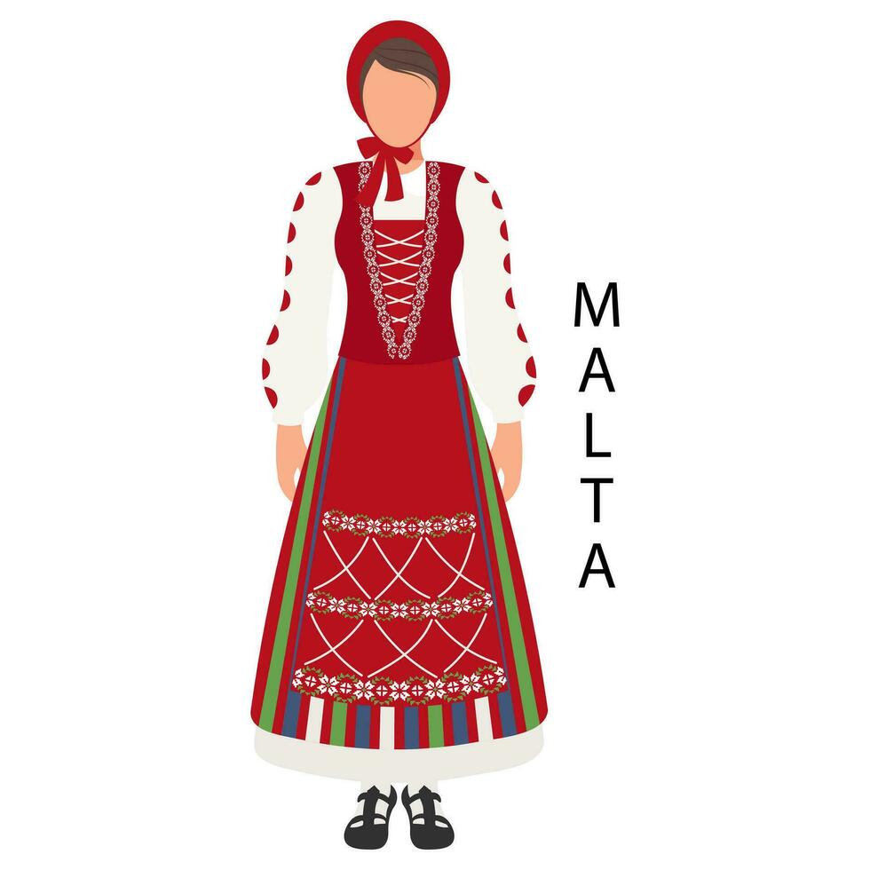 Frau im maltesisch Volk Kostüm. ethnisch Kultur und Traditionen von Malta. Illustration, Vektor