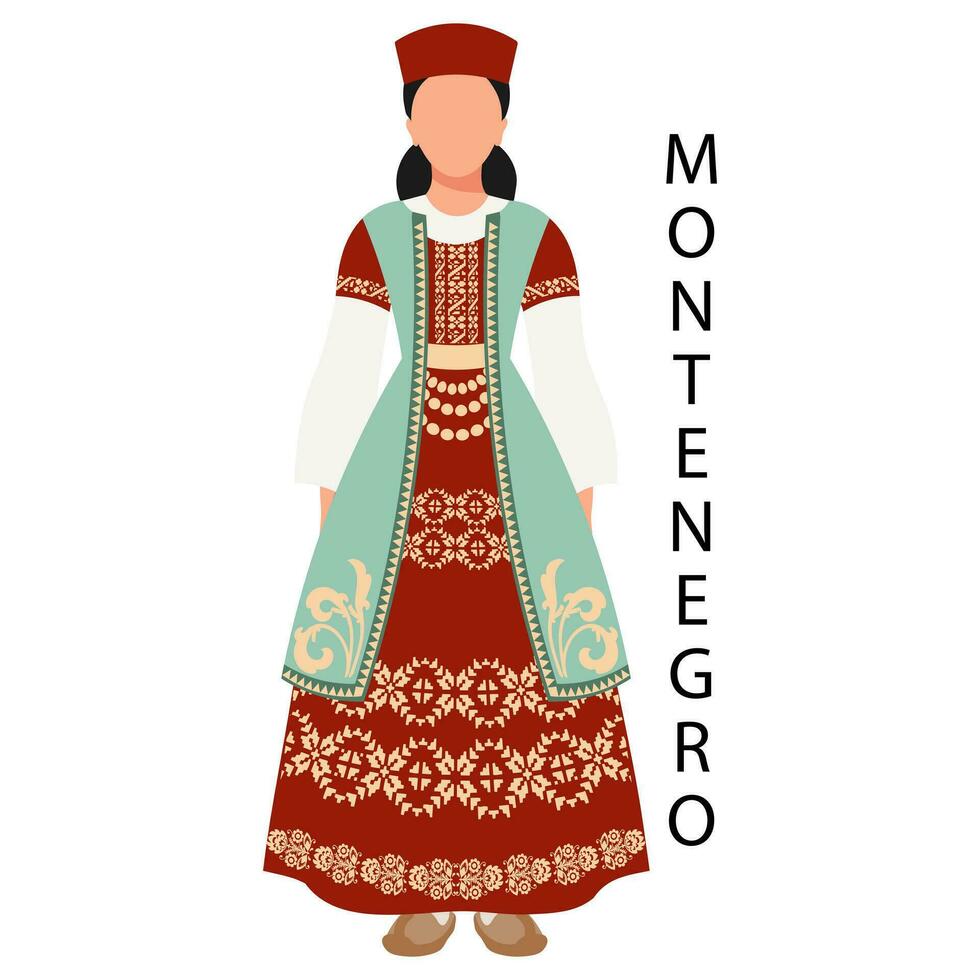 Frau im montenegrinisch Volk Kostüm. Kultur und Traditionen von Montenegro. Illustration, Vektor