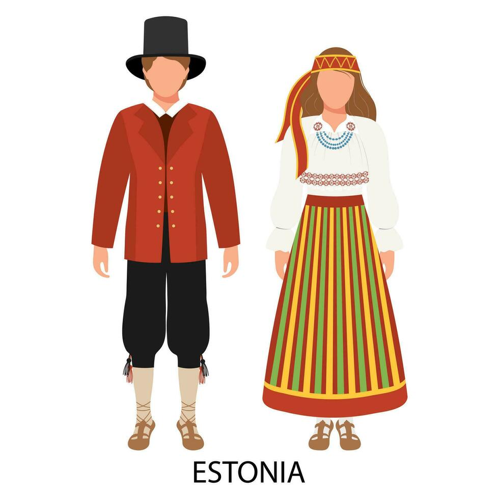 Mann und Frau, Paar im estnisch Volk Kostüme. Kultur und Traditionen von Estland. Illustration, Vektor